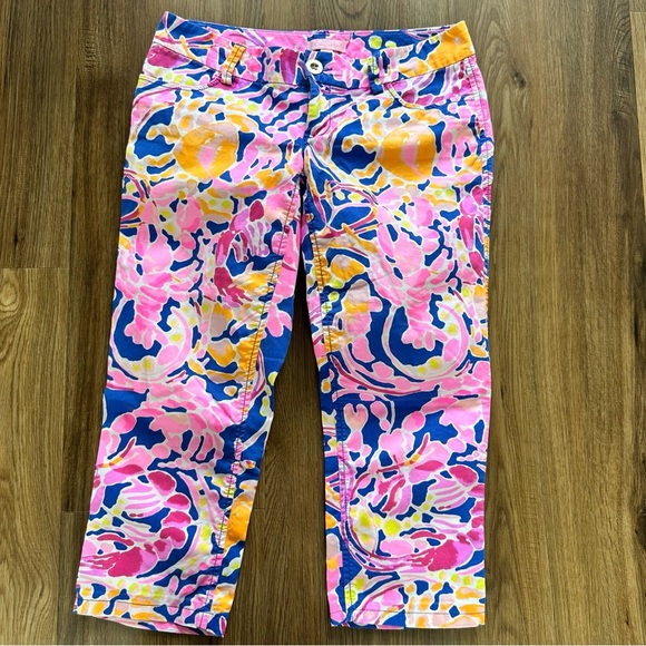 Lilly Pulitzer Callahan Chino Brilliant Blue Catch and Release 0 Low Rise Capri - Picture 1 of 9